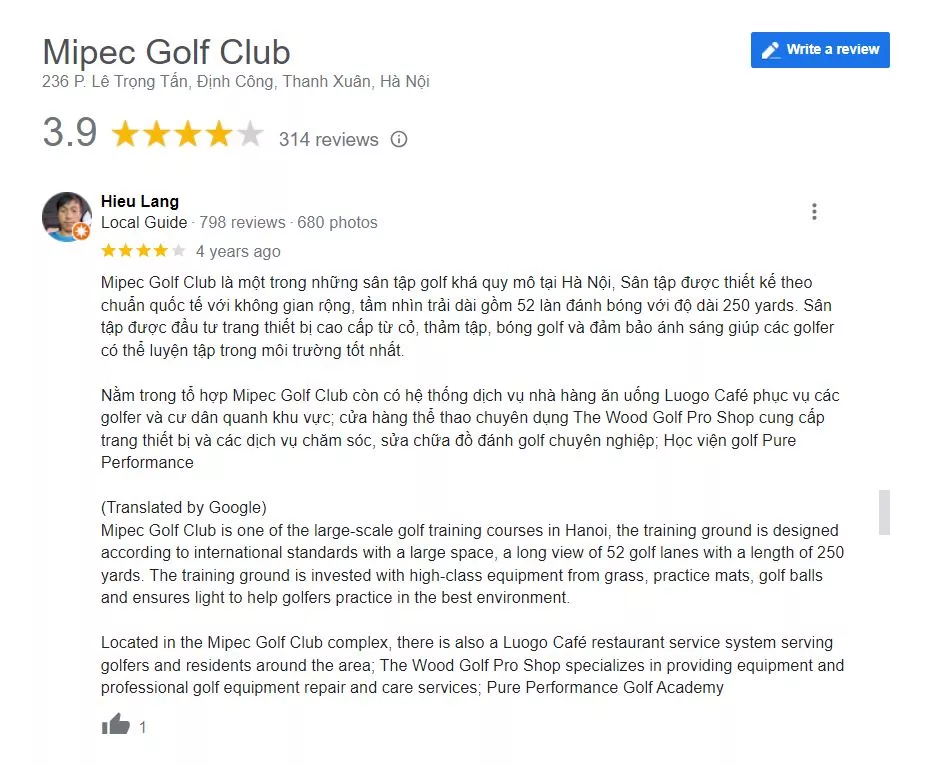 Đánh giá sân tập golf Mipec